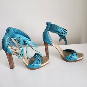 Carlos by Carlos Santana Blue Fringed Leather Ankle-Strap High Heel